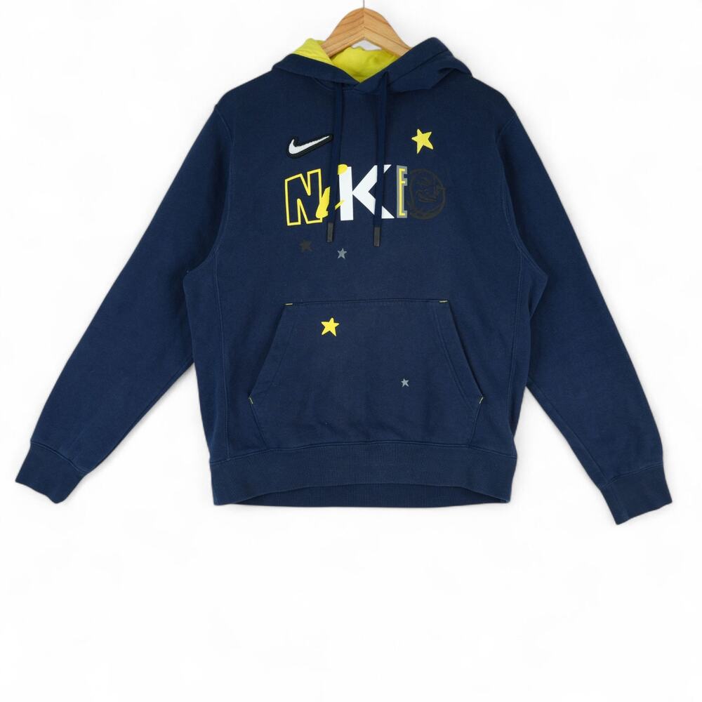 Nike Hoodie Mens M Blue NSW Club Stories Embroidered Swoosh Pullover Sweatshirt